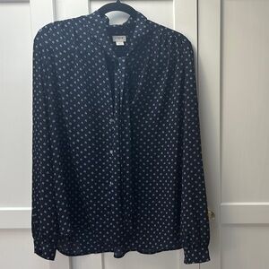 J Crew women’s long sleeve blouse navy pattern. Tie neck button front.
